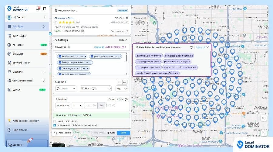 Screenshot of Local Dominator interface with a map full of blue location pins and a left navigation panel, showing keyword settings and target business details.